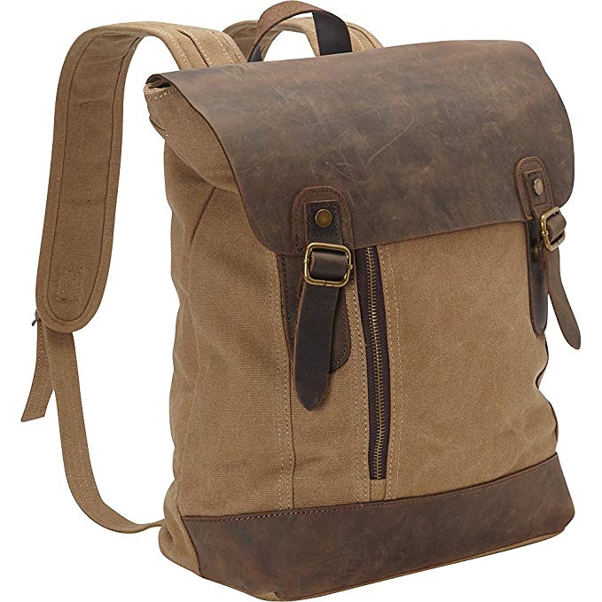 Vagabond Traveler Cowhide Leather Cotton Canvas Backpack (Khaki)