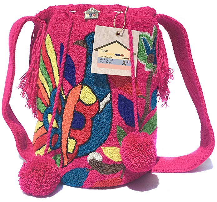 Wayuu knitted backpack with crochet in fine cotton printed with fashionable designs with faceted crystals