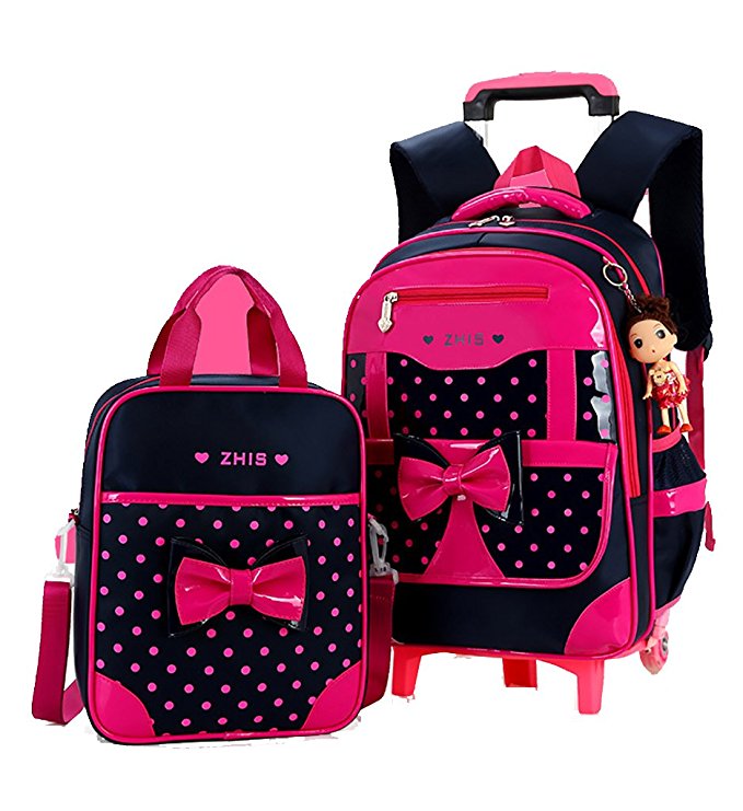 Meetbelify Rolling Backpacks For Girls School Bags Trolley Handbag With Lunch Bag