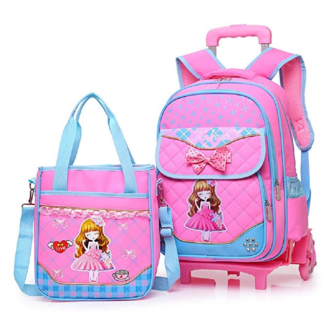Fanci Bowknot Princess Style Waterproof Elementary Girls Rolling School Backpack Trolley Carry on Luggage