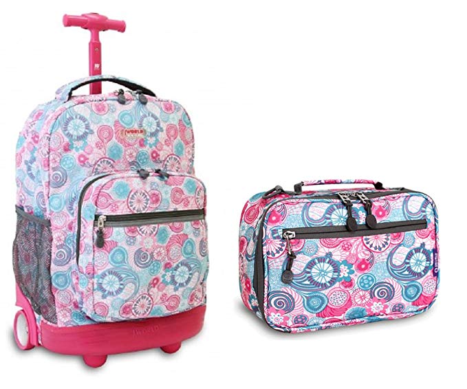 J World Blue Raspberry Sunrise Roller Backpack Back Pack and Cody Lunch Bag Set