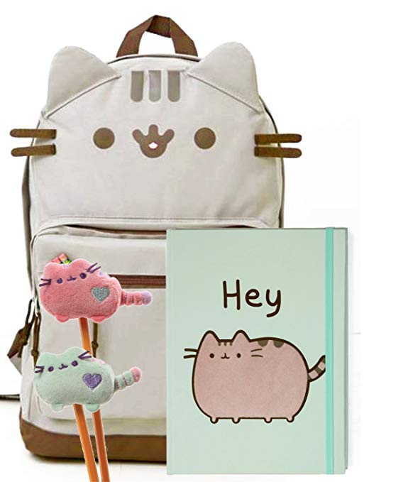 Pusheen The Cat Back To School Set - Pusheen Cat Face Backpack, Pusheen Hey! Notebook And Two Plush Pencil Toppers - Gift For Student