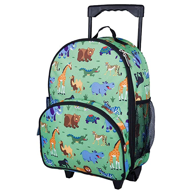 Rolling Backpack, Olive Kids by Wildkin Rolling Luggage with Telescopic Top Grab Handle and Convenient Extras for Quick and Easy Organization, Ages 3+ – Wild Animals